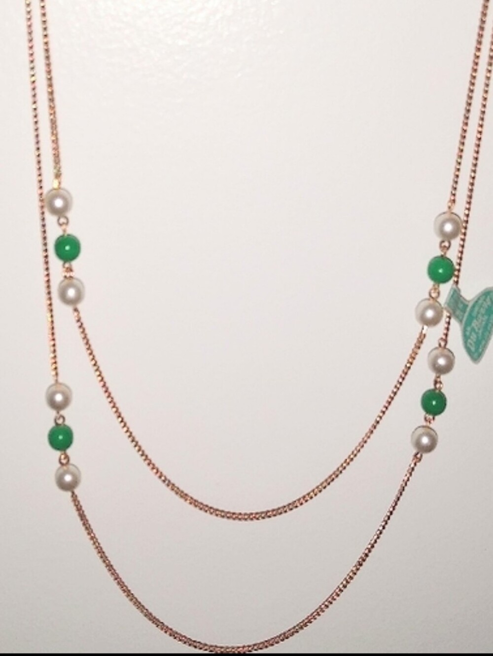 Du Barry Pearl & Jade Green Gold Chain Necklace  NOS